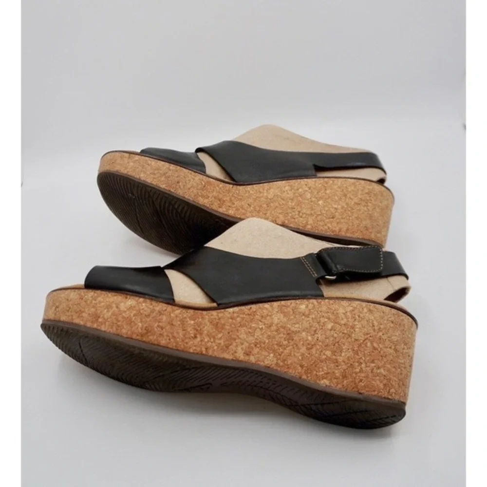 Clarks Rosemund Dune Black Leather Cork Wedge Sandals 11 M Resortwear 35-01-01